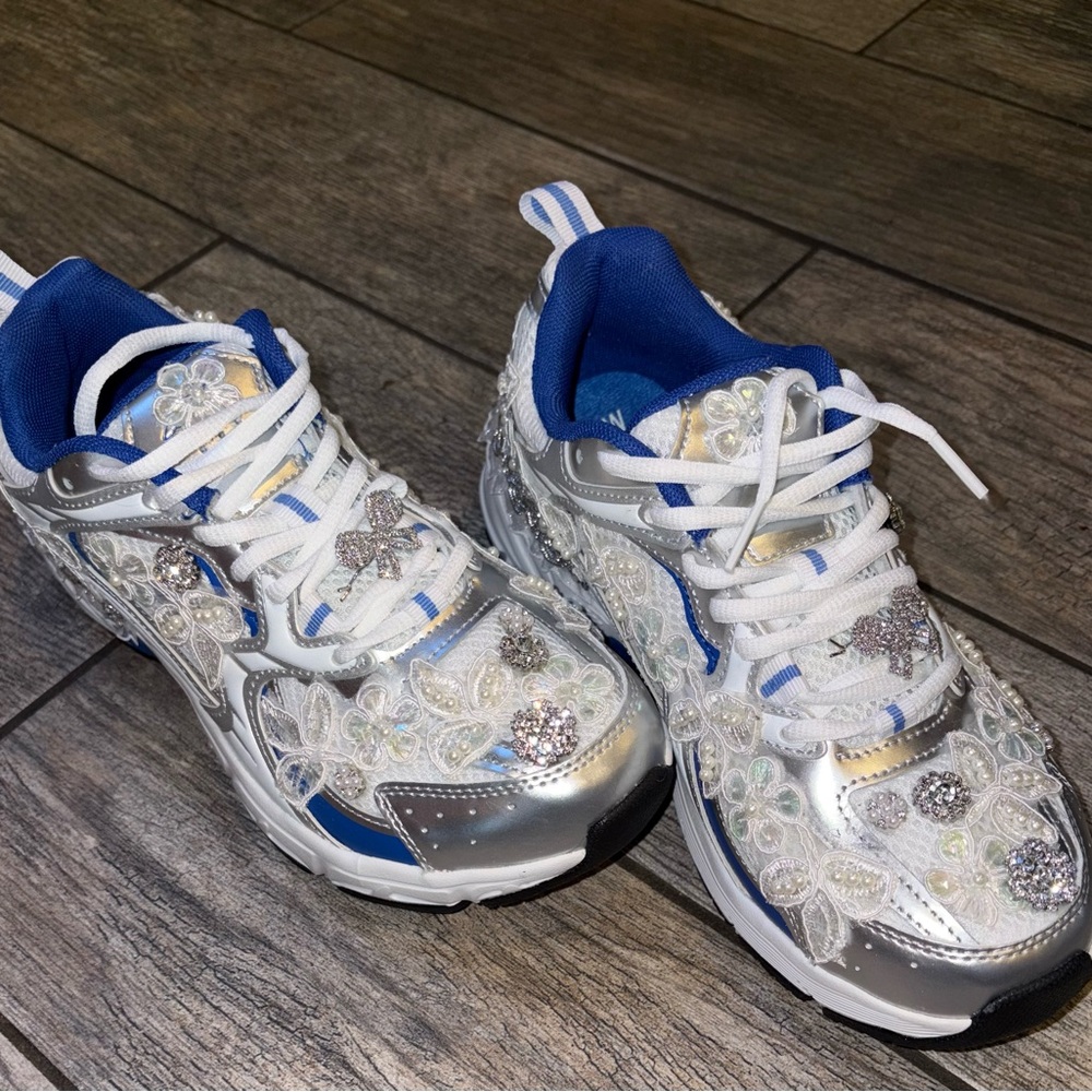 Silver and Blue Embellished Sneakers